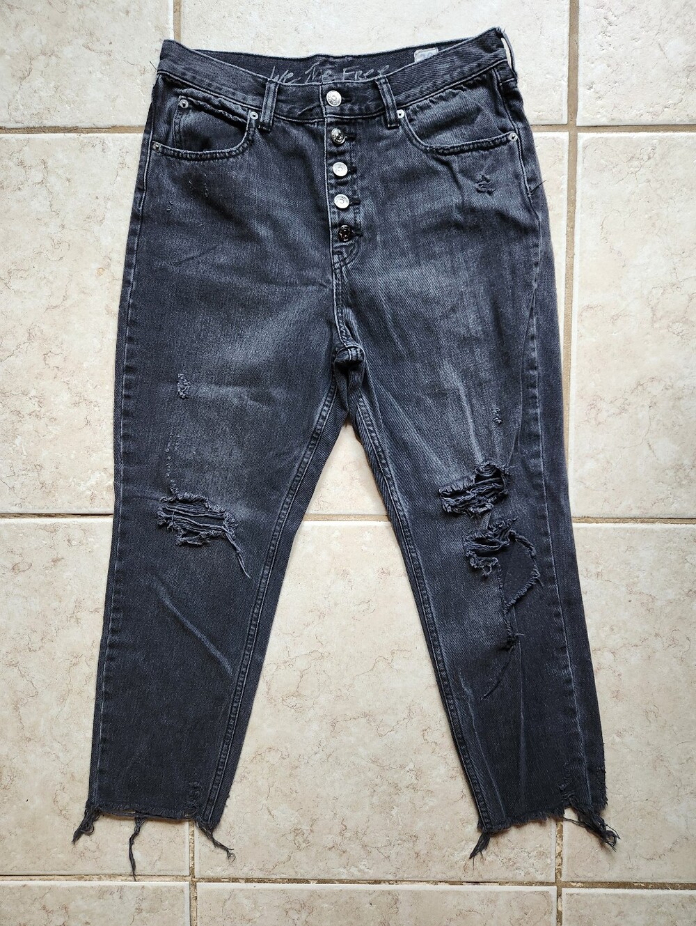 Free People We The Free Distressed Tapered Jeans Size 30 Black Button Fly